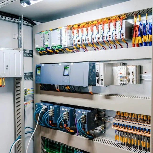 Painel elétrico de automação industrial com CLPs e bornes