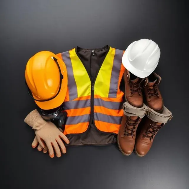 Capacete, colete refletivo, luvas e botas de segurança (EPI)