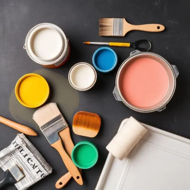 Latas de tinta, pincéis e rolos de pintura